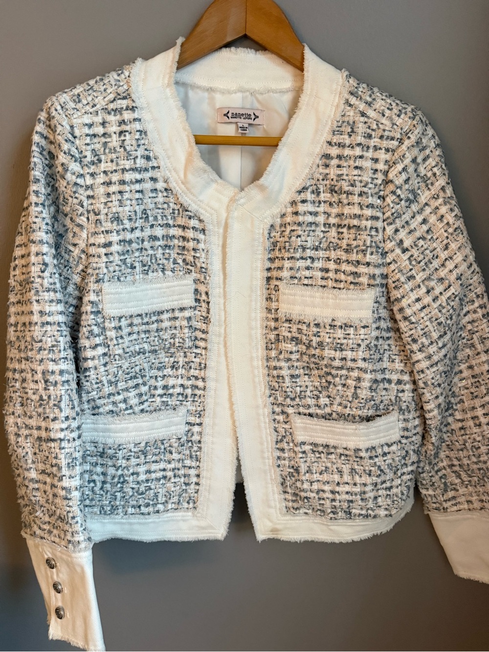 ✨ Nanette Lepore Classic Bouclé Tweed Jacket – Frayed Denim Trim Luxe Blazer L